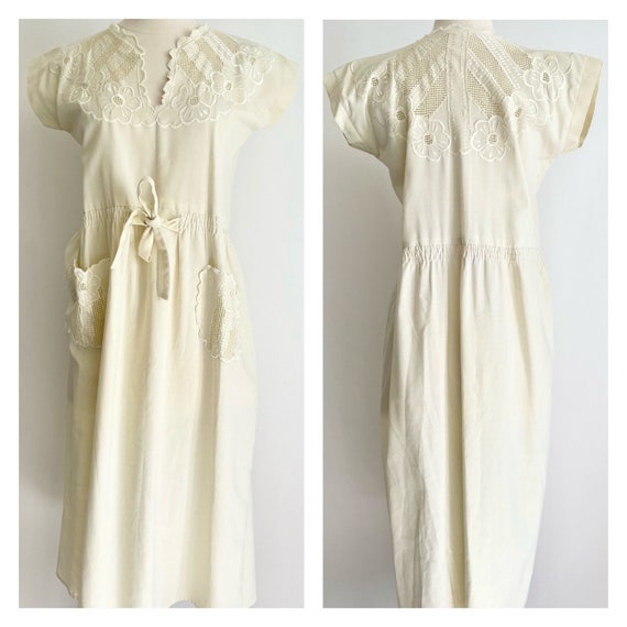 Broderie Anglaise Summer Dress Vintage 70s Vanilla Cream White Floral Embroidered Spring Summer Short Sleeve Dress S
