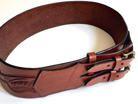 Floral Tooled Leather Belt Vintage 60s 70s Hand Tooled Wide Brown Leather Western Waist Belt Double Brass Buckle