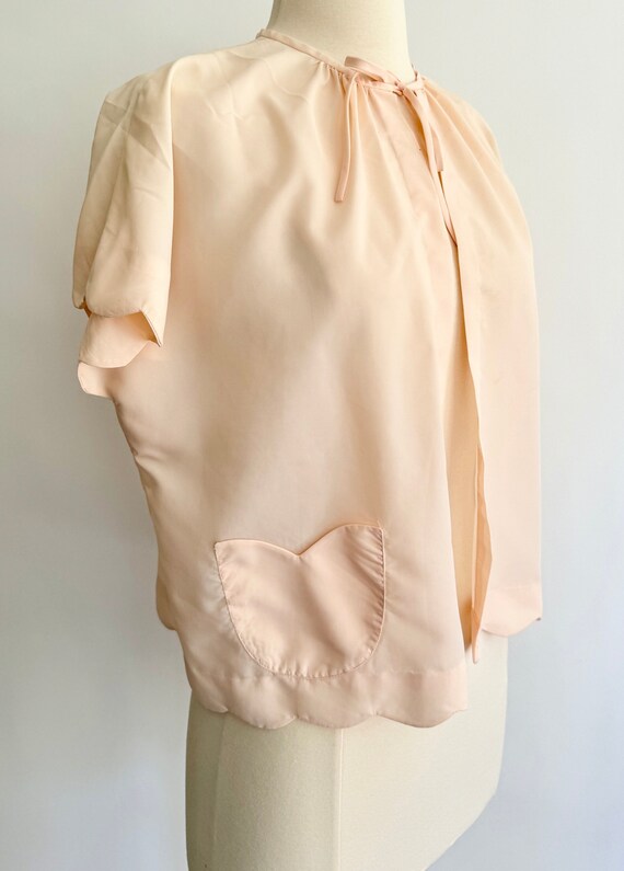Antique Satin Bed Jacket Top Scallop Trim Vintage Antique 30s 40s Peachy Ballet Pink Front Pocket Tie Neck Sleepwear Nightwear Lingerie
