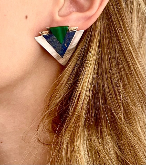 Lapis Malachite Sterling Earrings Vintage Sterling Silver 925 Stud Earrings Flush Inlay Inverted Triangle Hallmarked Modernist Geometric