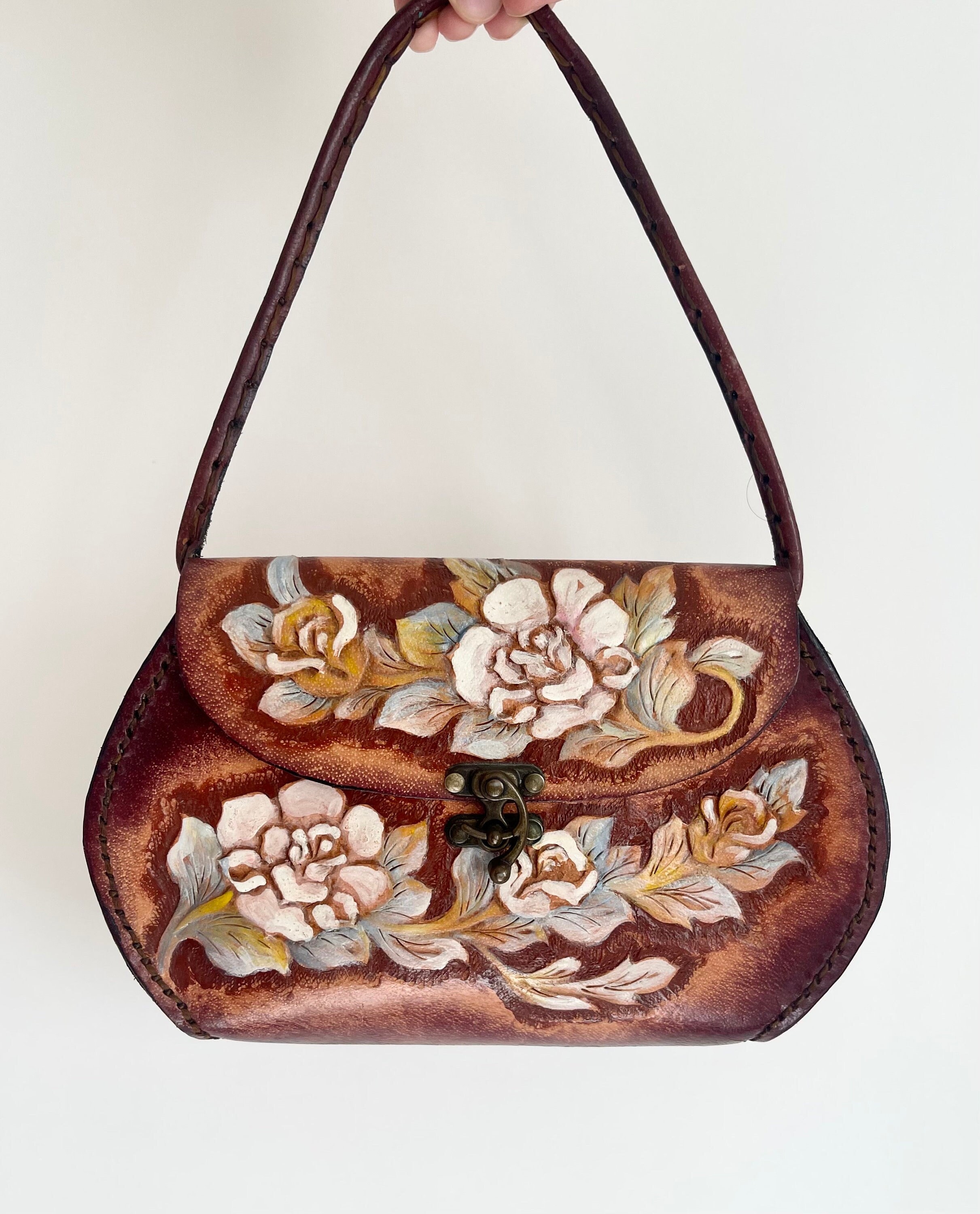 Floral Tooled Leather Bag Purse Vintage Tan Brown Painted Floral ...