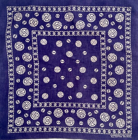 50s Indigo Blue Bandana Vintage Fast Color Navy Blue White Circle Dot Geometric Print Small Packet Square Neck Tie