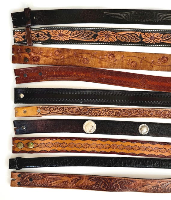 Vintage Leather Belt Strap 36 38 Genuine Leather Snap On Detachable Brown Black Floral Tooled Distressed Rugged Western 60s 70s