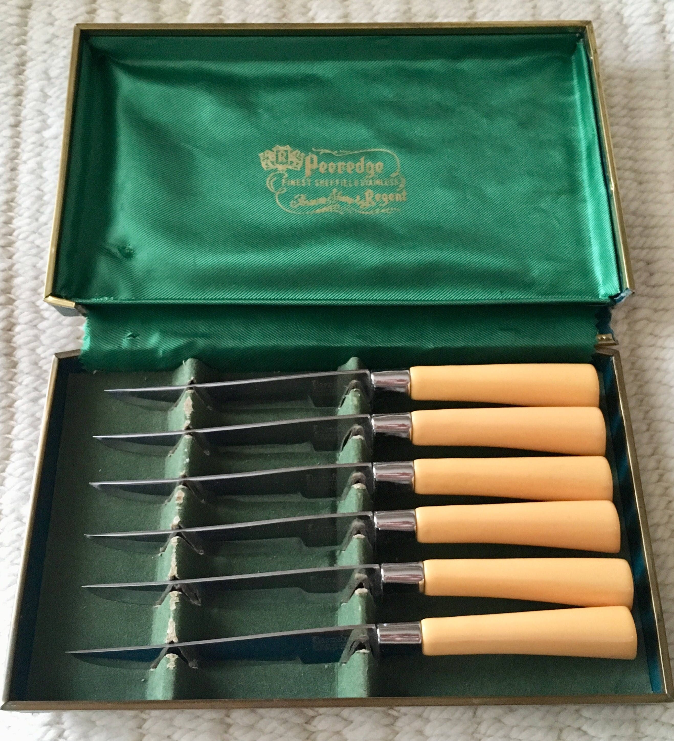 Regent Sheffield Steak Knives Set of 12, Sheffield England Stainless,  Arbleized Brown Plastic Steak Knives, Forever Sharp Knife Set 