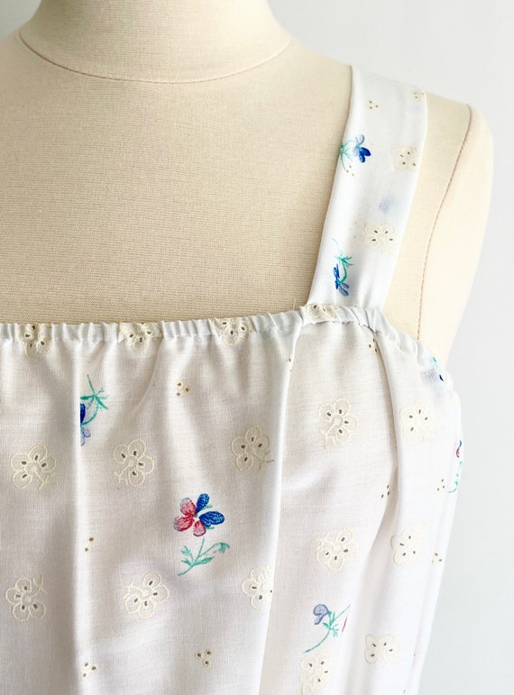 70s Floral Sleeveless Dress with Matching Bolero Jacket Vintage White Cotton Blend Summer Dress Elastic Waist Size XS
