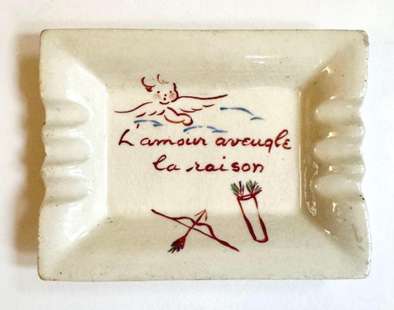 Vintage French Ceramic Ashtray Trinket Dish Love Cupid Valentines Gift