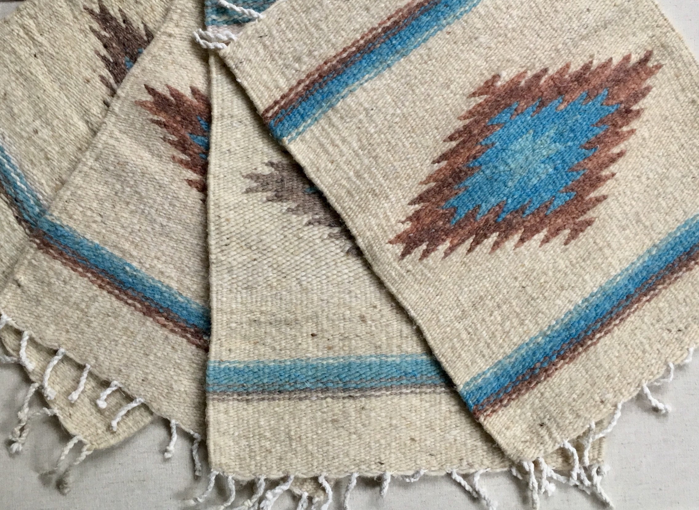 Hand Woven Southwest Placemats Set of 4 Vintage Home Decor Handmade Beige Brown Blue Wool Weave