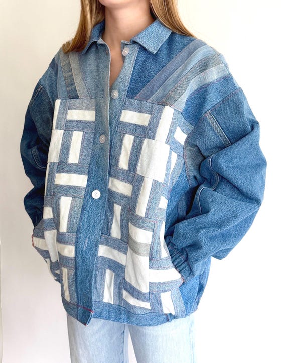 Vintage Handmade Upcycled Patchwork Denim Jacket Wearable Fiber Art
