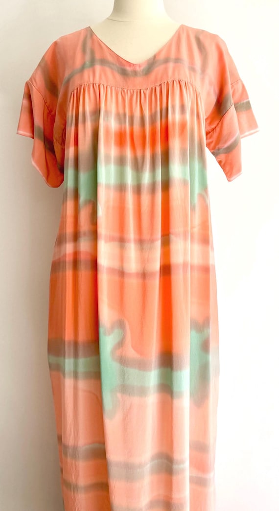 Vintage Ikat Silk Kaftan Caftan Cover Up Dress 80s 90s Silk Designs by Wanda Salmon  Peach Aqua Tie Dyed Short Sleeve Ankle Length