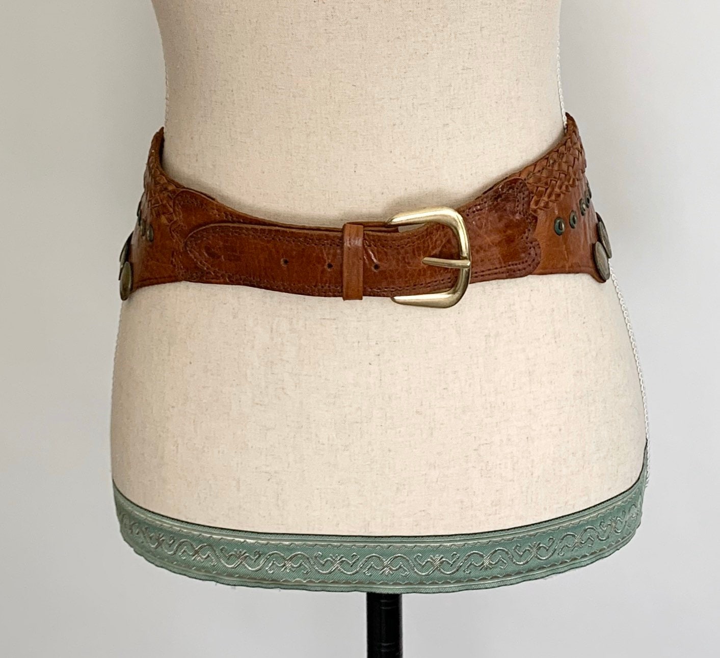 Wide Studded Coin Belt Vintage 70s Distressed Brown Leather Brass Studs ...