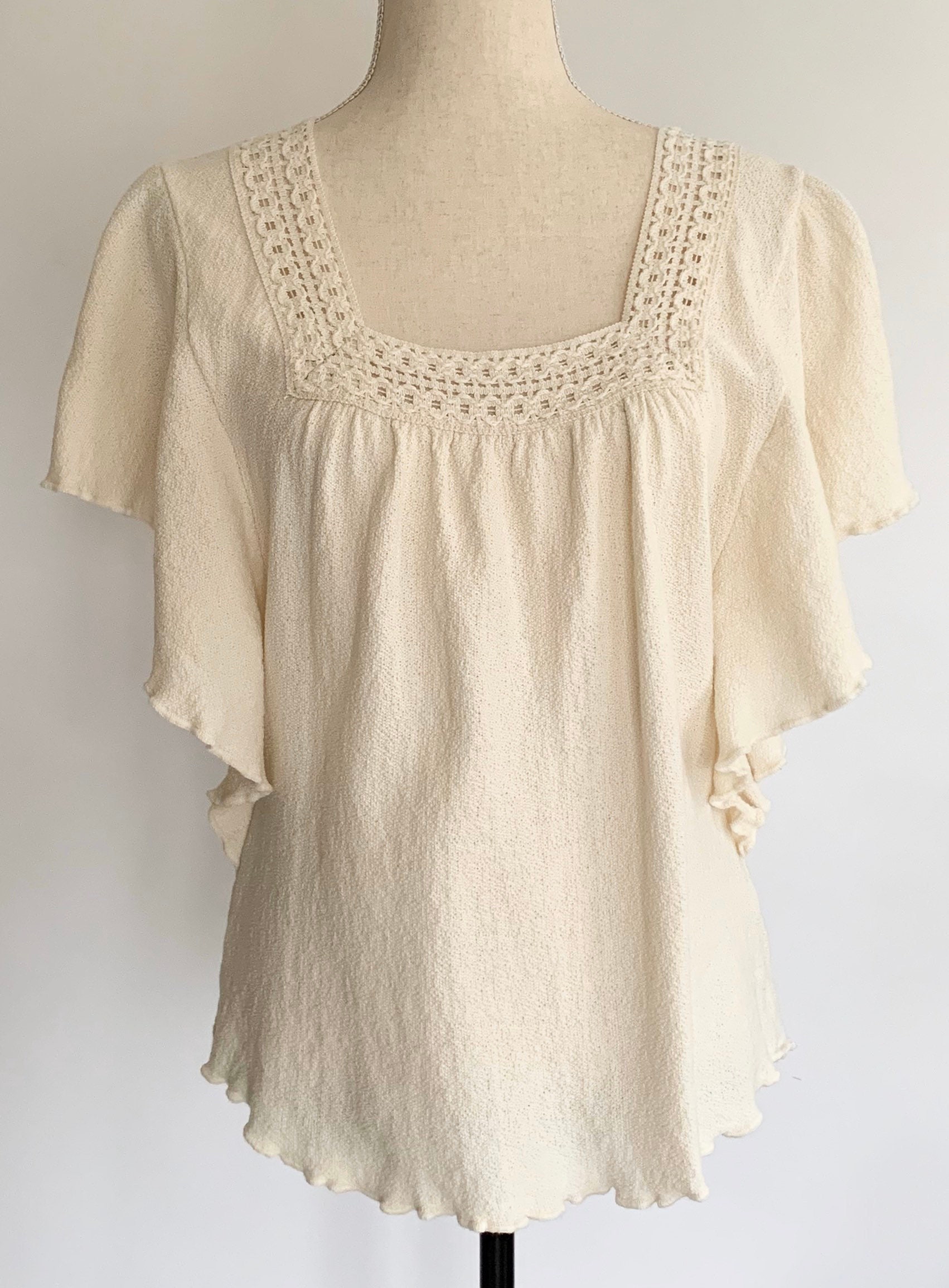 White Cotton Crochet Top Shirt Boho Butterfly Flutter Sleeves Vintage ...
