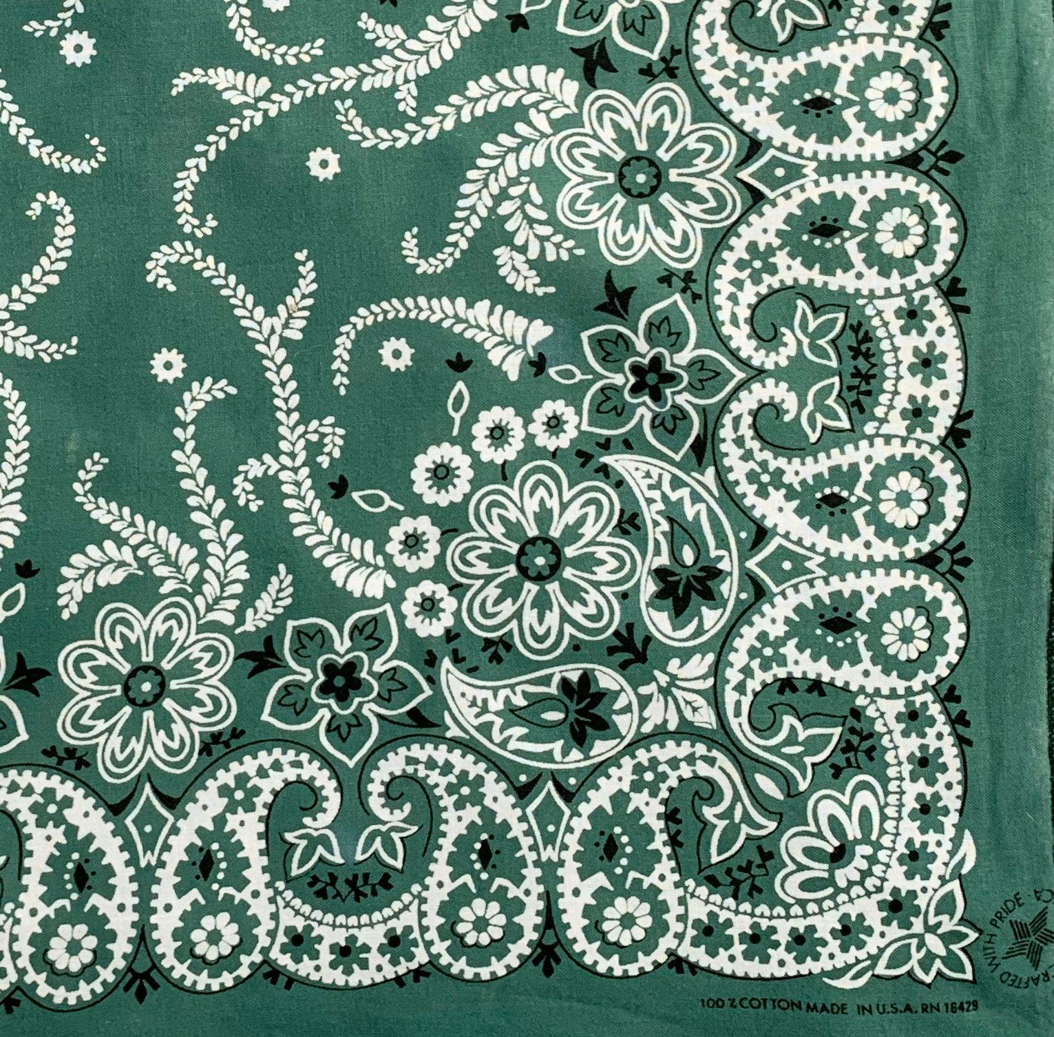 Vintage Green Bandana 80s Paisley Floral Print Made in USA RN 16429 Cowboy  Western Scarf