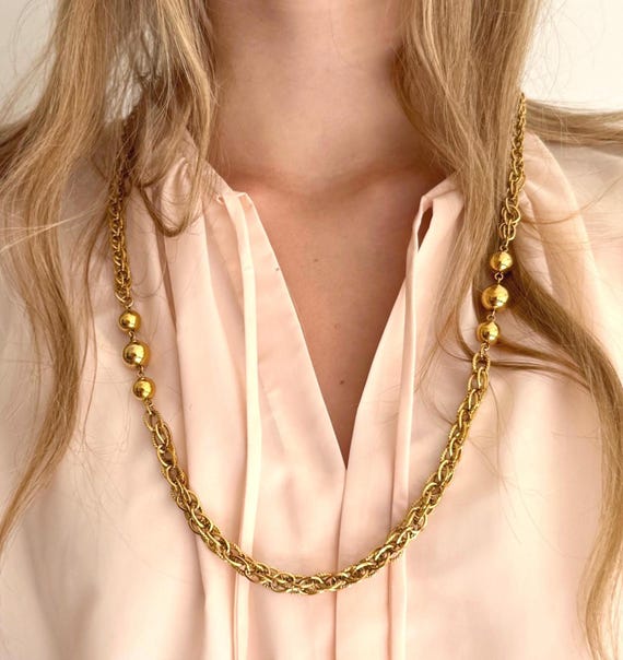 Vintage Gold Chain Necklace Napier 80s Costume Jewelry Gold Ball Bead Detail Long 30" Layering Necklace