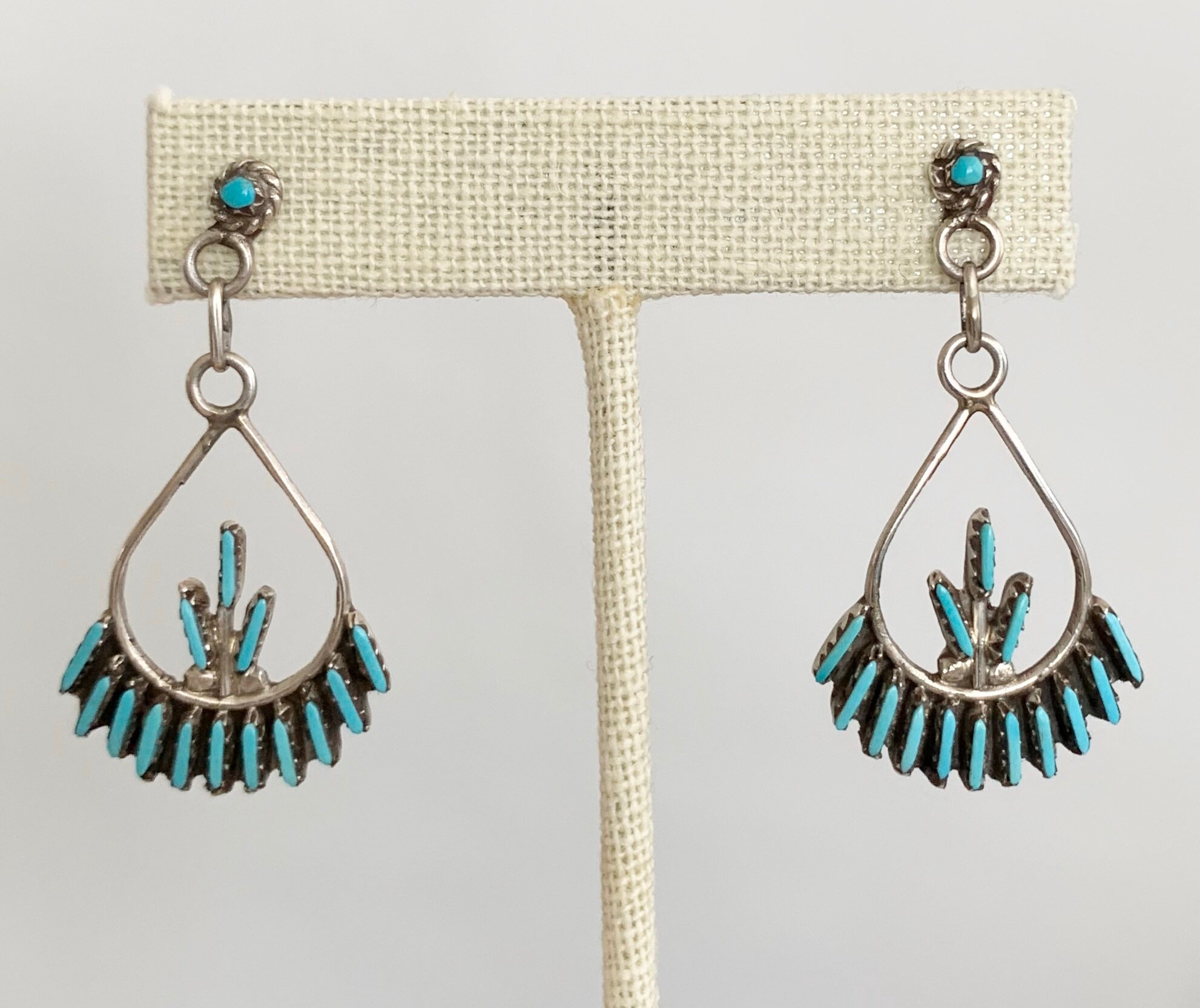 Needlepoint Turquoise Chandelier Earrings Vintage Native American Zuni