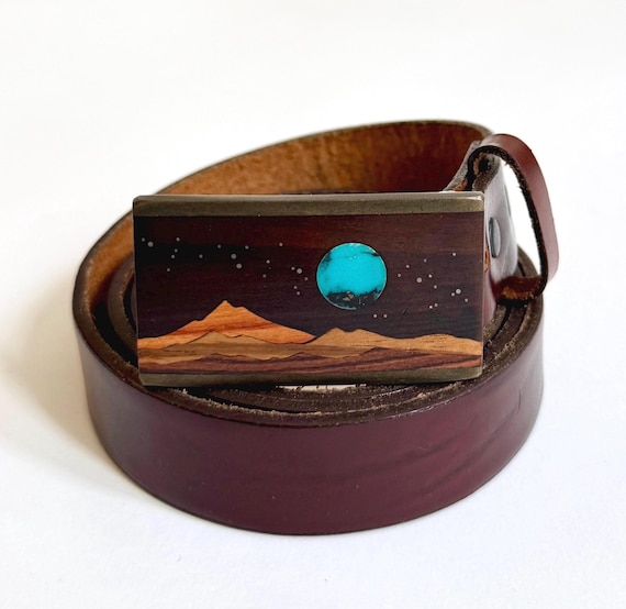 Sky West Turquoise Brass Wood Inlay Buckle Western Dark Brown Leather Belt