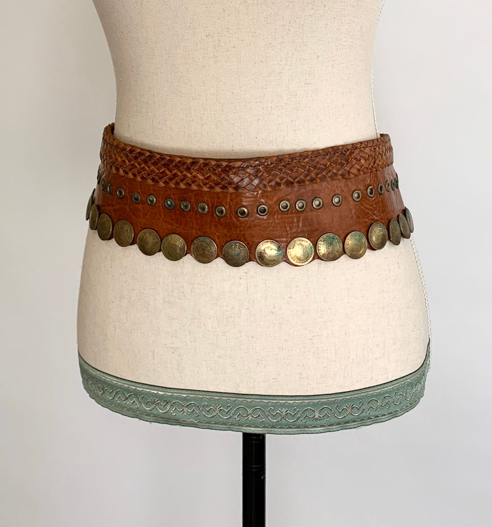 Wide Studded Coin Belt Vintage 70s Distressed Brown Leather Brass Studs