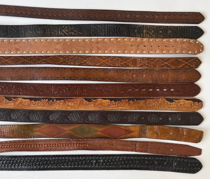 Vintage Tooled Leather Belt Distressed Worn Rugged Aged Leather Goods Brown Belt Strap Buckle Western Mens Women's Belts image 6