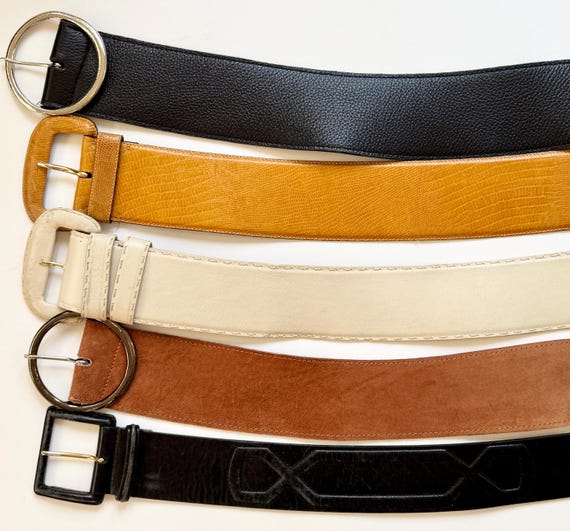 Wide Vintage Leather Belt Made in USA Donna Karen Italy Kemestry Saks Fifth Avenue Black Bone White Brown Tan Solid Plain Minimalist Waist