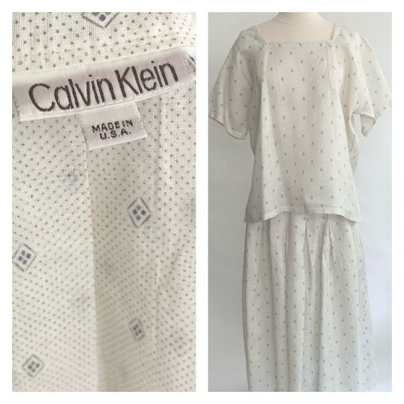 70s Calvin Klein Summer Skirt Top Outfit Easy Breezy Summer Day Dress Outfit Vintage American Designer White Diamond Dot Print