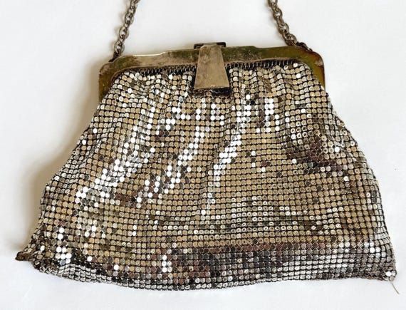 Silver Metal Mesh Bag Purse Vintage 30s 40s Whiting and Davis Metallic Chain Strap Made in USA