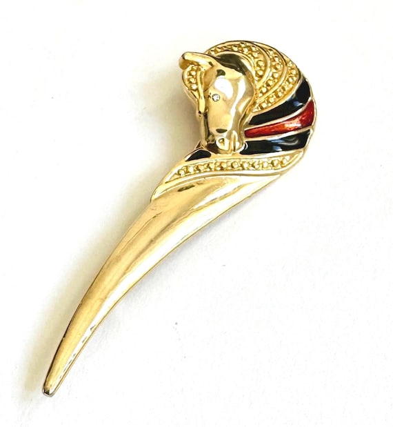 Vintage Gold Horse Brooch Pin 80s Gold Tone Enamel Crystal Equestrian Horse Head