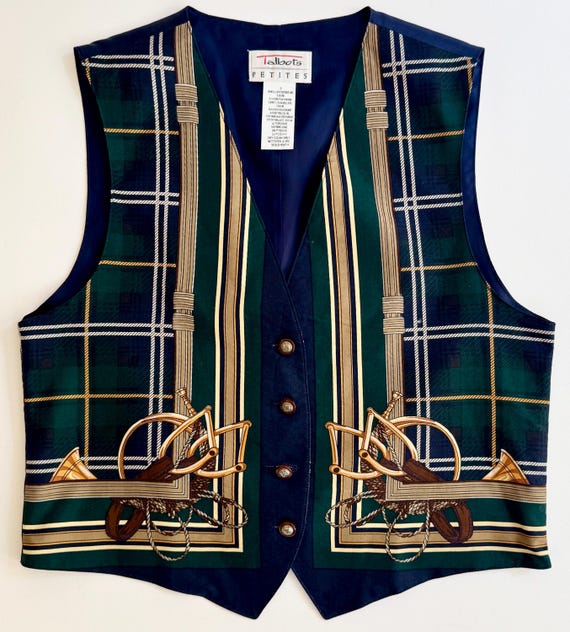Vintage Tartan Plaid Vest Waistcoat Made in USA 80s Talbots Navy Blue Hunter Green Brown Beige Equestrian Stirrups French Horn XS S