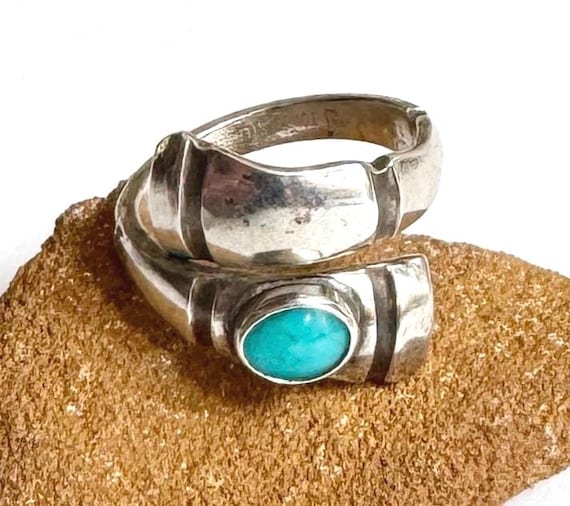 Vintage Turquoise Bypass Ring Band Sterling Silver 925 Modernist Minimalist Size 8.25