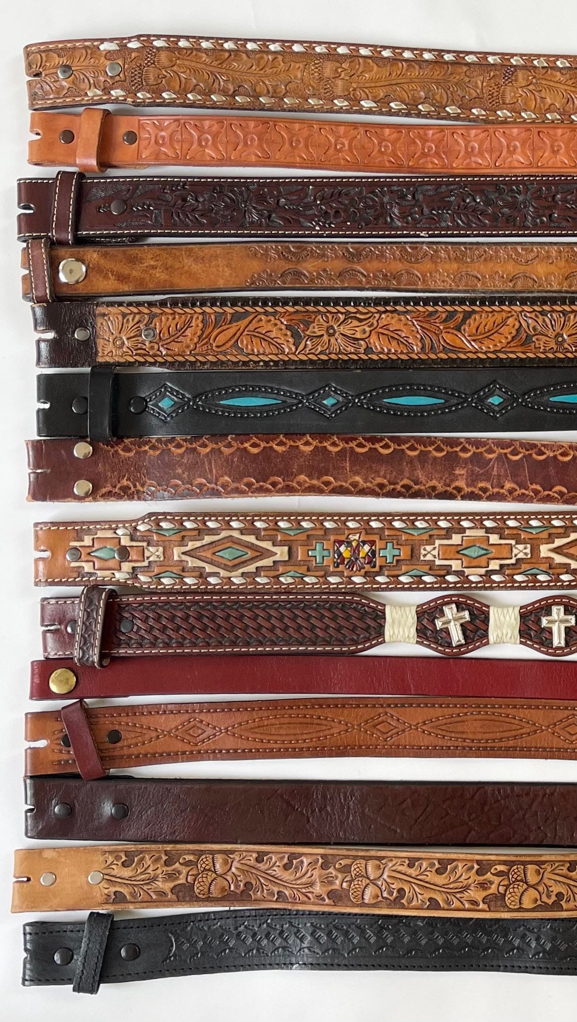 Tooled Leather Belt Strap Vintage Snap On Detachable Brown Black