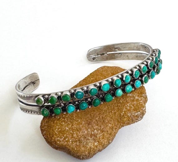 Snake Eye Turquoise Cuff Bracelet Vintage 40s 50s Old Pawn Zuni Double 2 Rows Sterling Silver Native American Jewelry