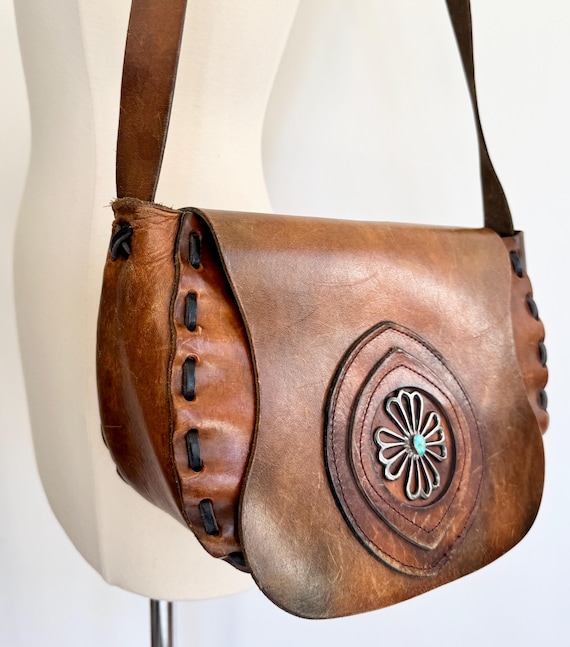 Sterling Silver Turquoise Purse Shoulder Bag Vintage Handmade Distressed Worn Brown Leather Western Southwest Navajo Cast Sterling Accent