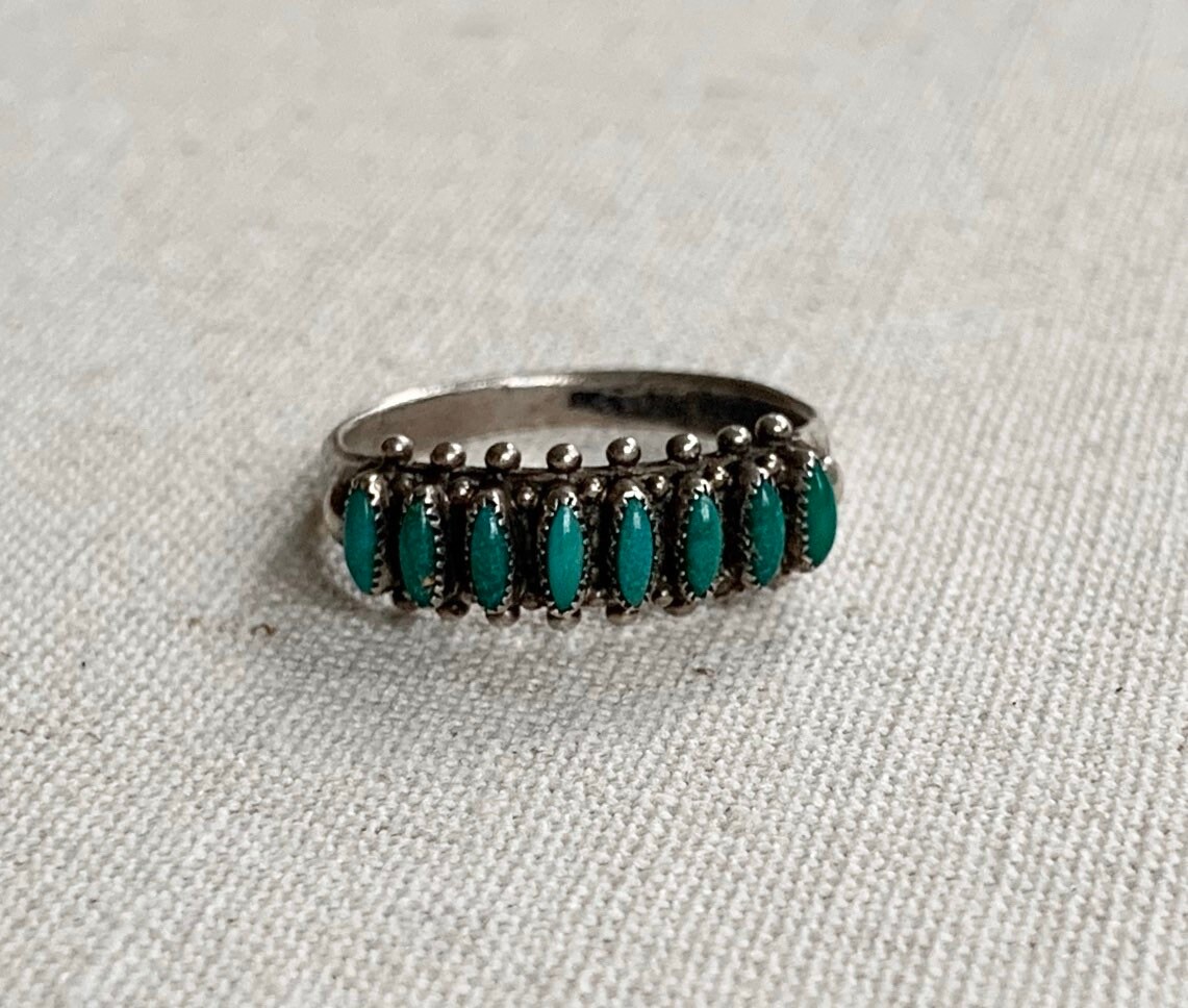 Zuni Needlepoint Turquoise Ring Band Vintage Native American Sterling
