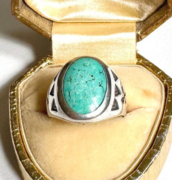 Bell Trading Turquoise Band Ring Stamped Double Crossed Arrows Vintage Fred Harvey Trading Post Era Navajo Oval Signet 7.75