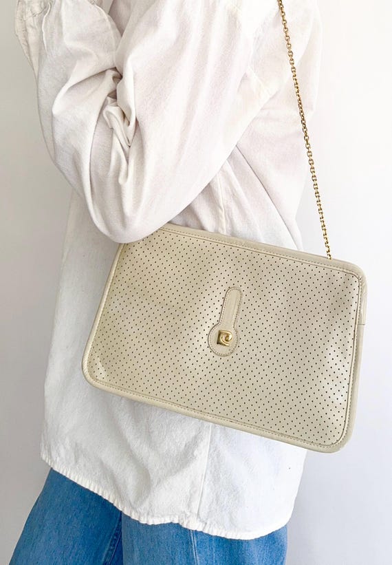 80s Pierre Cardin Bag Purse Gold Chain Strap Vintage Designer Perforated Ivory White Logo Print Flax Lining Convertible Clutch