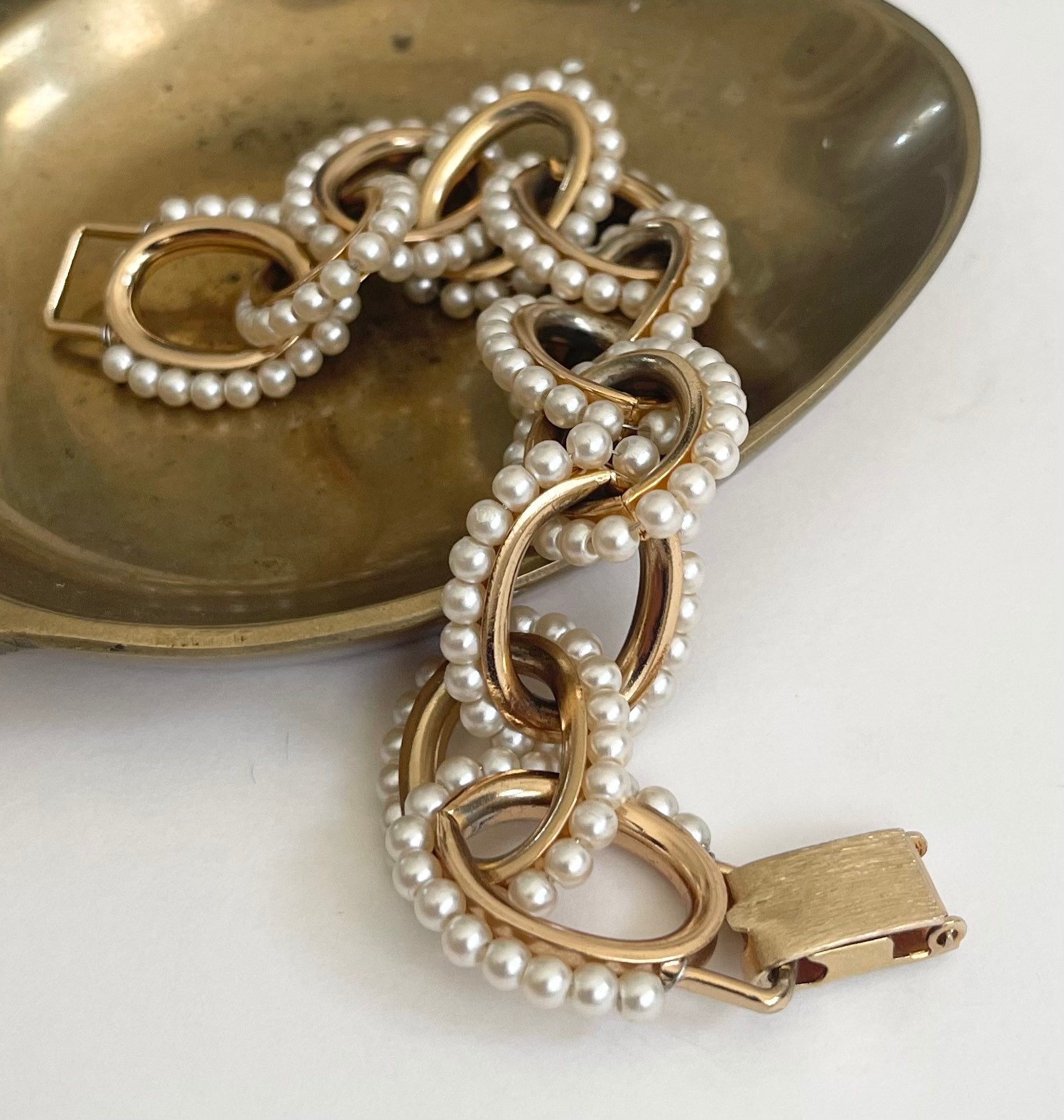 Pearl Gold Link Bracelet Vintage 80s Napier Gold Tone Chain Metal Link