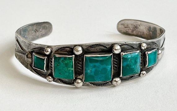 Antique Navajo Turquoise Bracelet Cuff Fred Harvey Trading Post Era Antique Vintage 20s 30s Native American Sterling Silver Five Stone