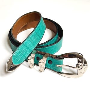 Turquoise Reptile Leather Belt Vintage Western Silver Tone Buckle and Tip Turquoise Blue Green Reptile Embossed Genuine Leather