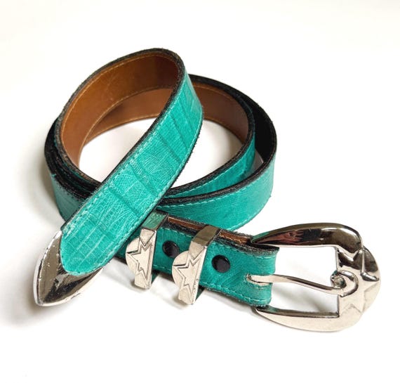 Turquoise Reptile Leather Belt Vintage Western Silver Tone Buckle and Tip Turquoise Blue Green Reptile Embossed Genuine Leather
