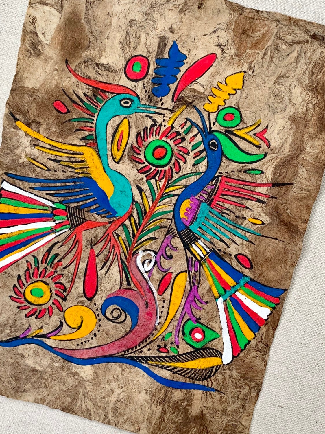 Amate Bark Paper Painting Vintage 70s Hand Painted Mexican Folk Art