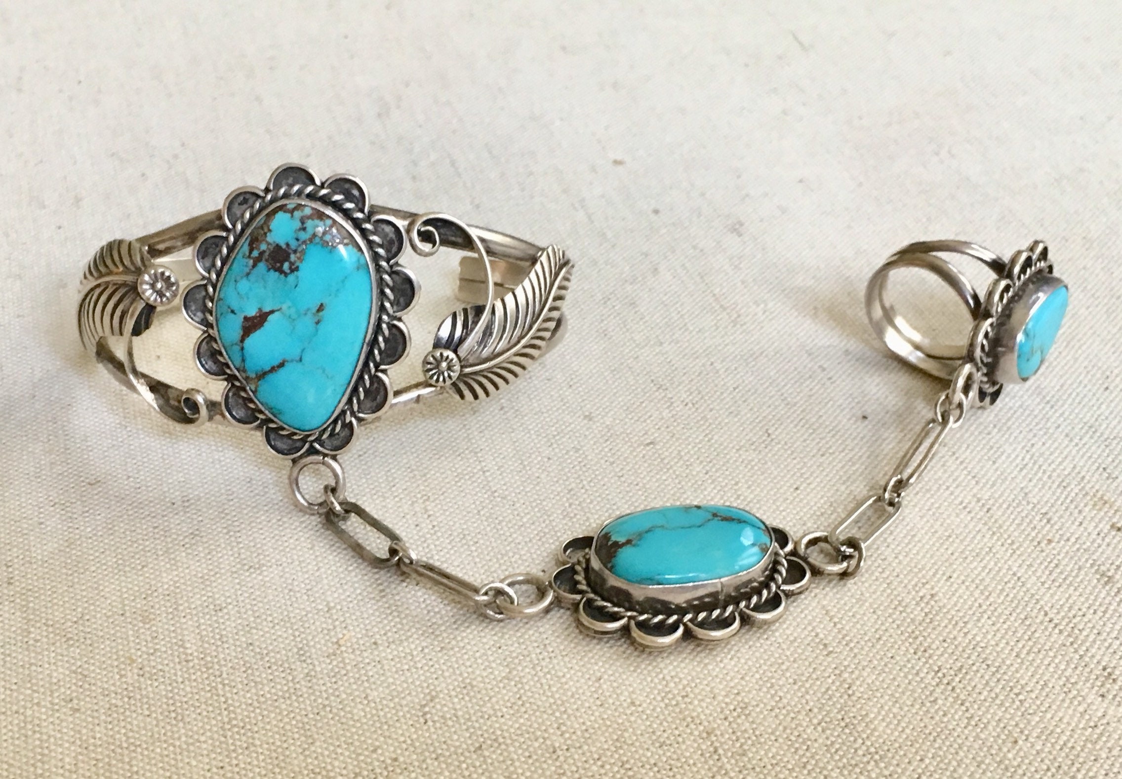 Large Handmade Certified Authentic Navajo .925 Sterling Silver Natural Turquoise  Slave Bracelet Native American Ring All Products 12849 12849 (by LomaSiiva)
