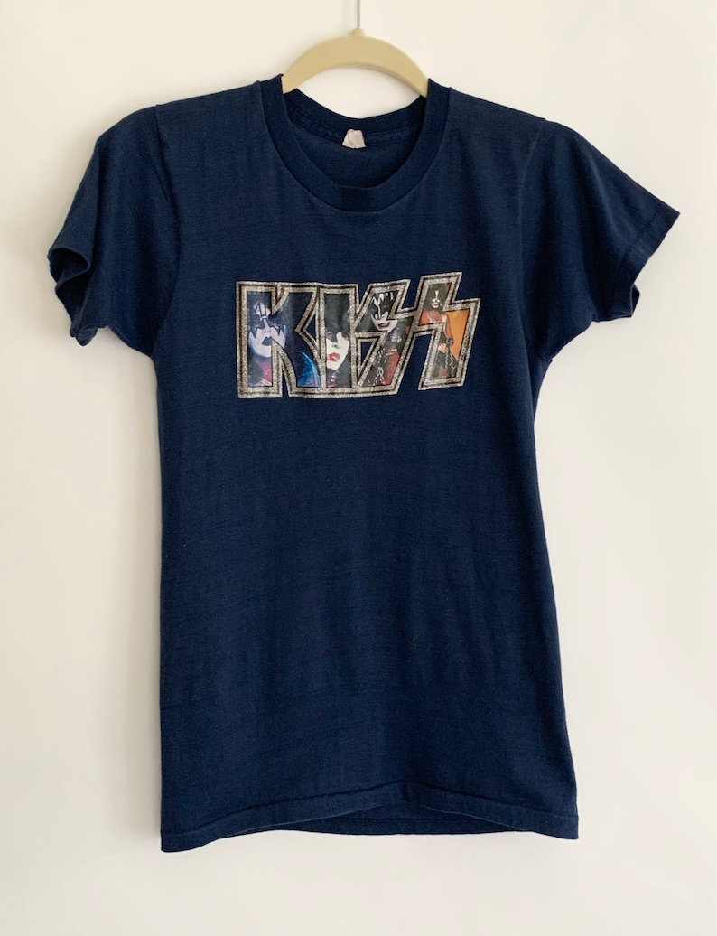 Vintage KISS T Shirt 70s Glitter Iron On Transfer Soft 50 50 Poly Cotton Rare Graphic Tee Dark Midnight Blue Made in USA Size XS S