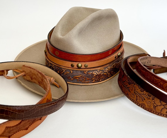 Western Leather Hat Band Handmade Cowboy Hat Band Repurposed from Vintage Leather Belts Plain Tooled Studded Floral Brown Tan Leather