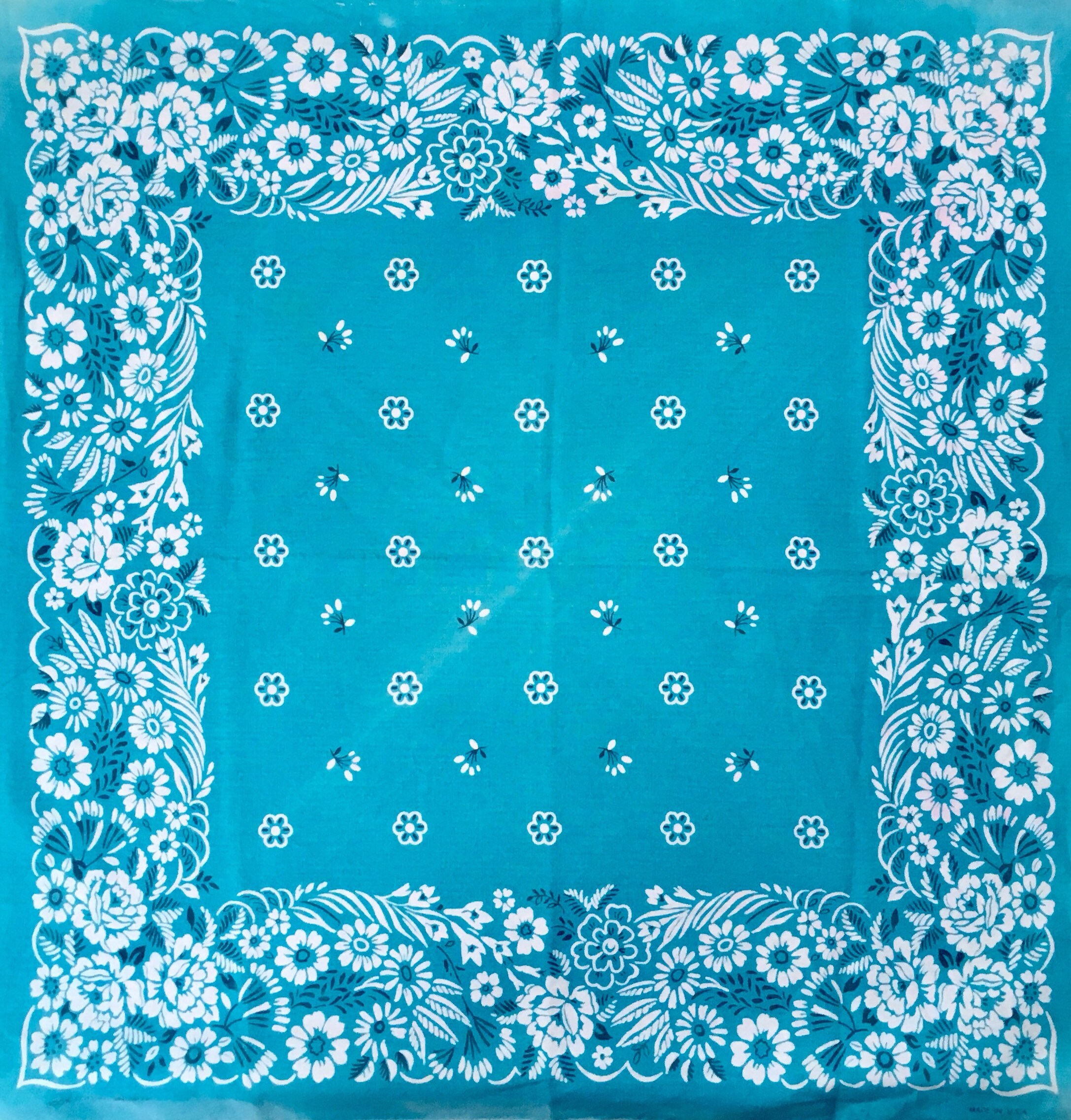 Vintage Turquoise Blue Bandana Pale Faded Washed Patina Made in USA