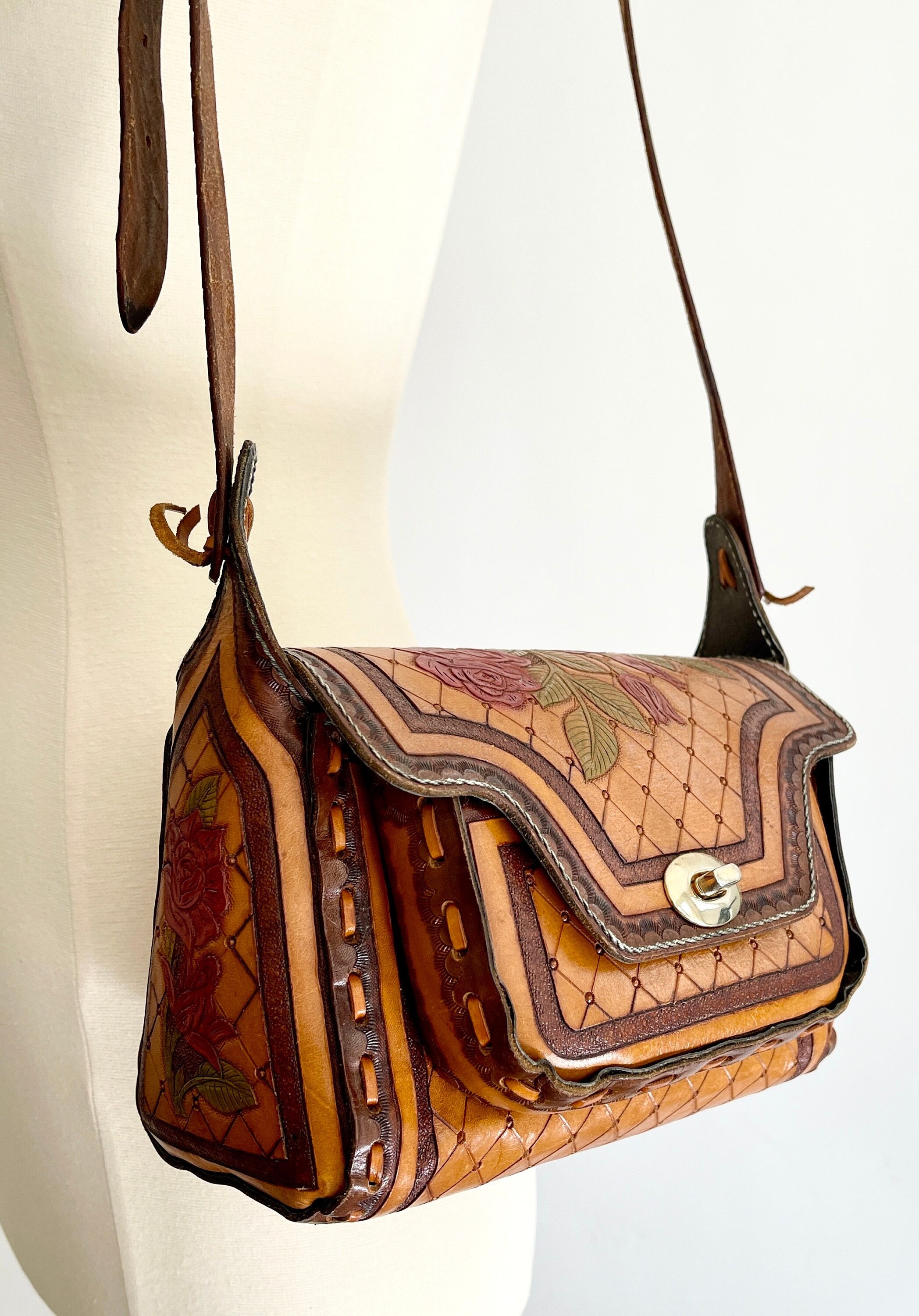 Floral Tooled Leather Bag Purse Crossbody 70s Vintage Handmade Bags Painted Red Green Hand Tooled Tan Brown Leather Adjustable Buckle Strap