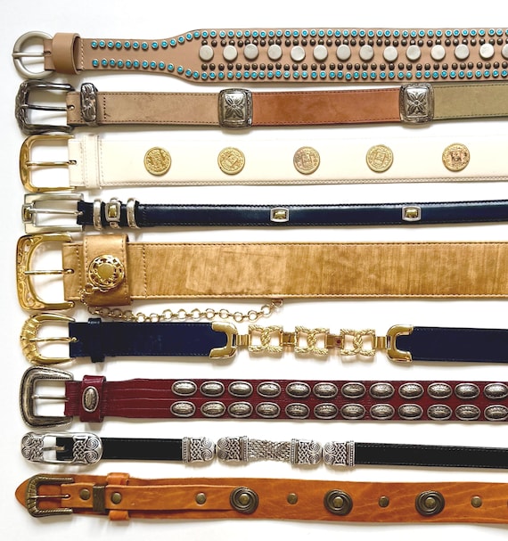 Vintage Concho Studded Belt Vintage 80s 90s Womens Embellished Western Chain Belts Brown Black Tan Leather Strap Les Copains Brighton Reiss