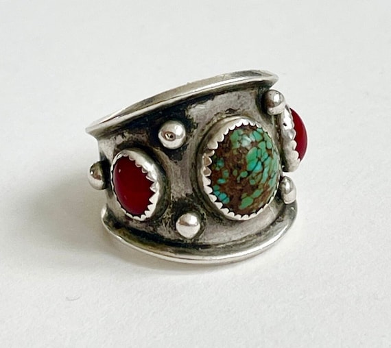 1976 Navajo Cigar Band Ring Hefty Wide Vintage Native American Artisan Crafted Sterling Silver Spiderweb Turquoise Signed Signed D Mens 11.5