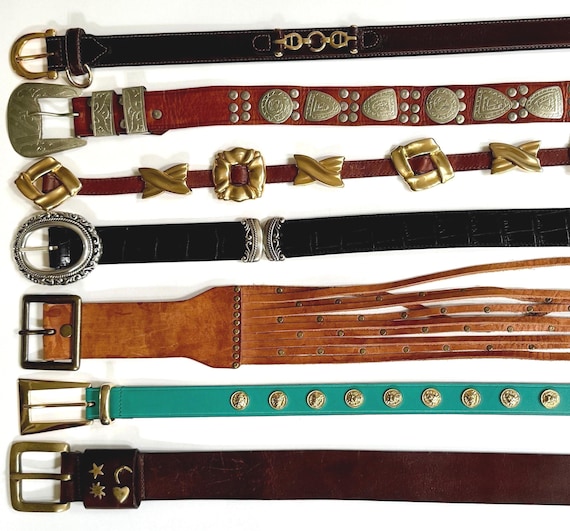 Vintage Embellished Studded Belt 80s 90s Western Glitzy Statement Belt Brown Turquoise Black Leather Strap Brass Gold Accents Studs