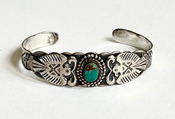 Double Thunderbird Turquoise Bracelet Cuff Vintage 30s 40s Fred Harvey Trading Post Era Southwest Native American Navajo Sterling Silver