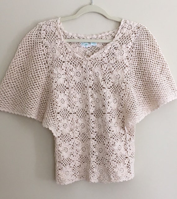White Crochet Knit Top Shirt Blouse Vintage 60s Knit Floral | Etsy