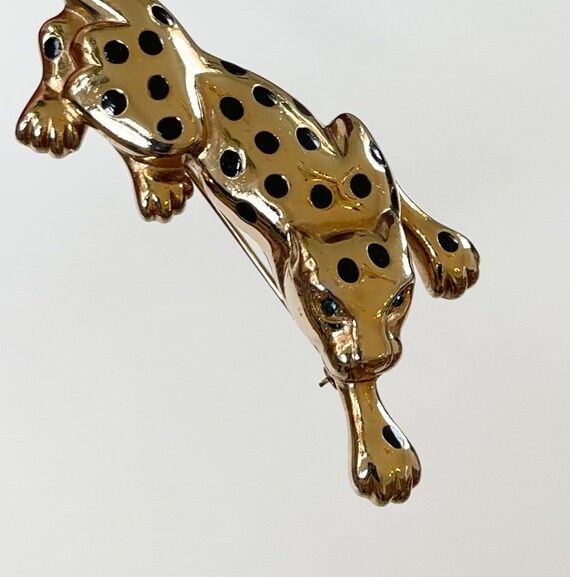 80s Gold Leopard Brooch Pin Blue Crystal Eyes Vintage Carolee Gold Tone Black Enamel Spots Costume Jewelry Cat Panther Feline