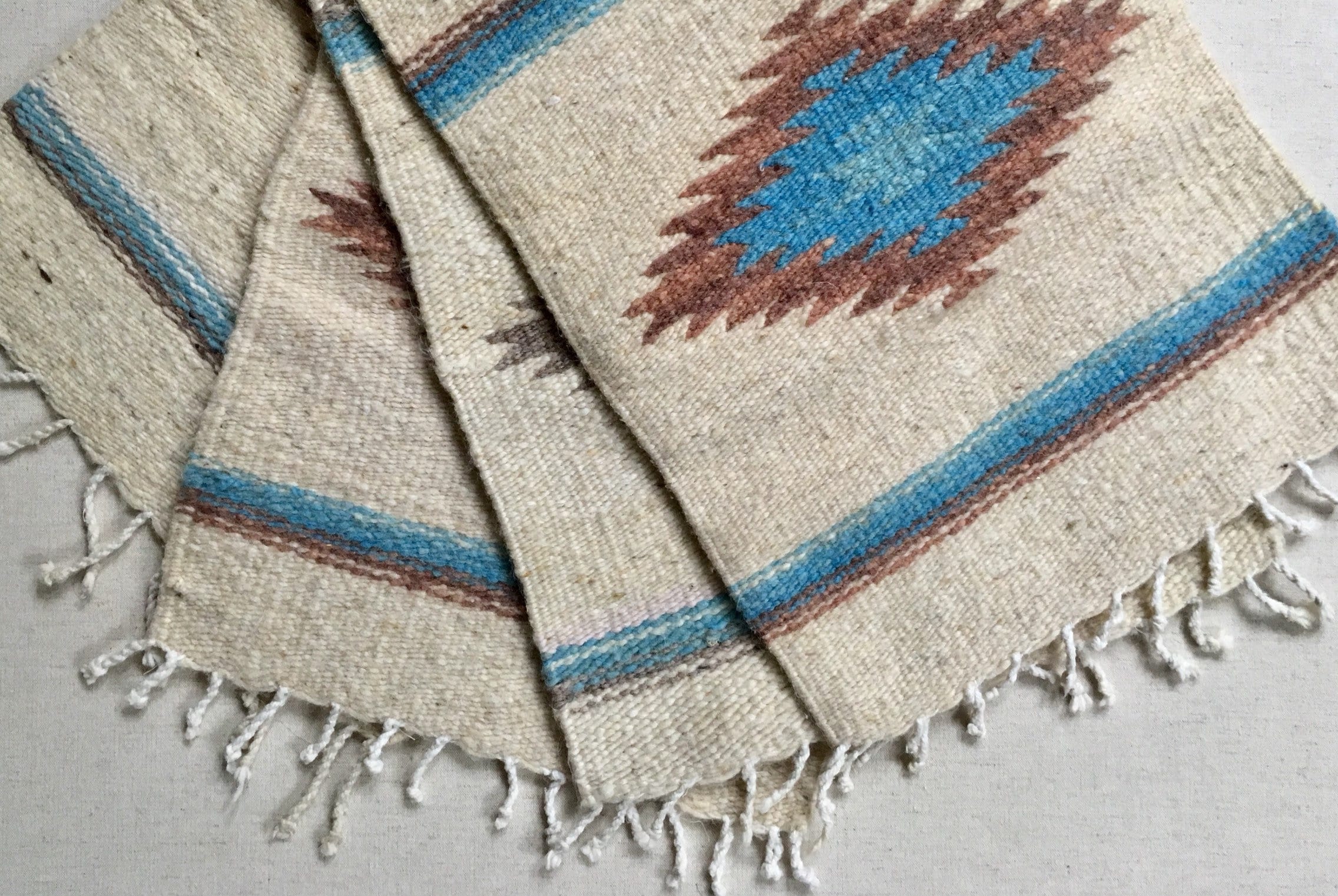 Hand Woven Southwest Placemats Set of 4 Vintage Home Decor Handmade Beige Brown Blue Wool Weave